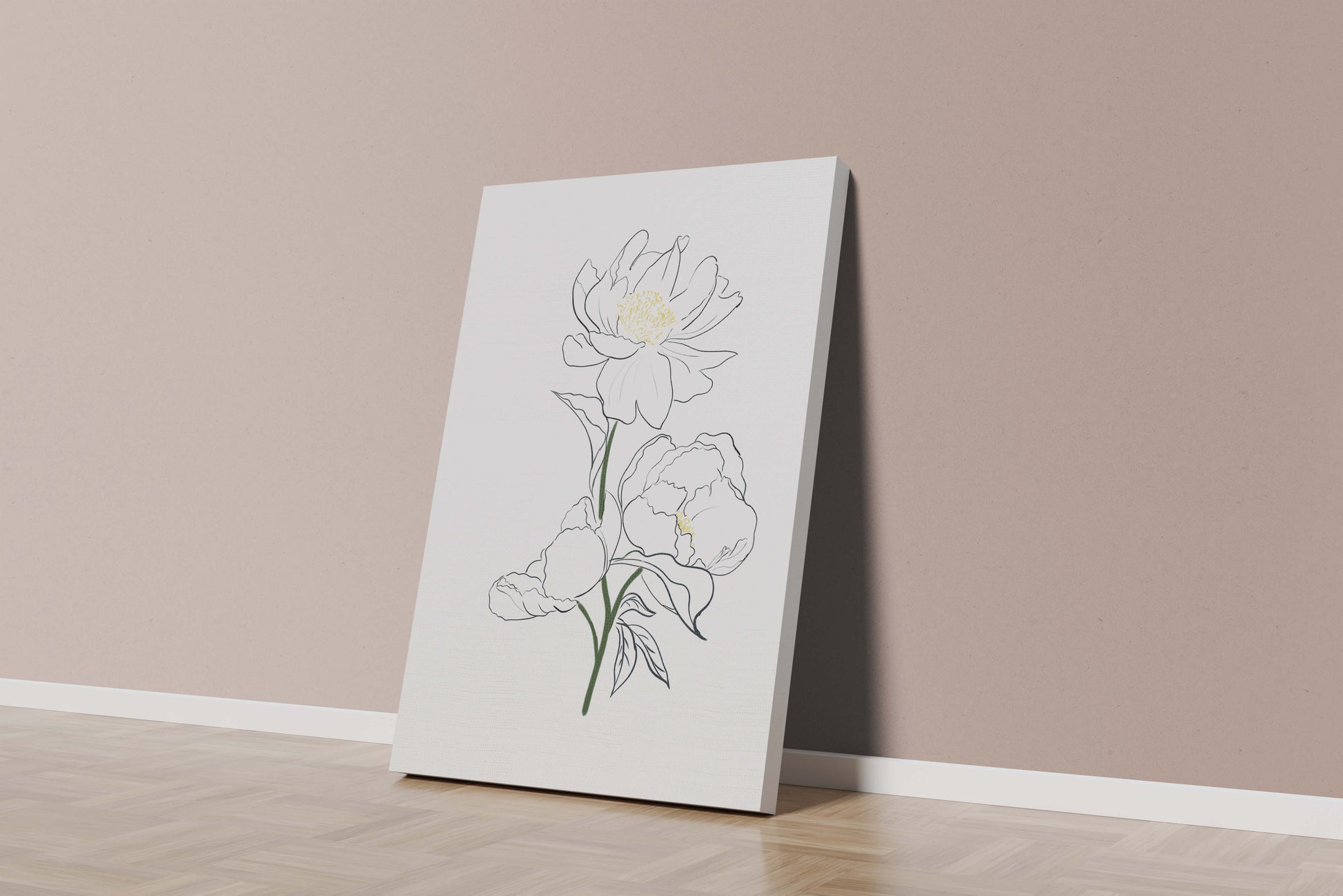 Elegante Pfingstrosen-Linienkunst mit goldenen Akzenten