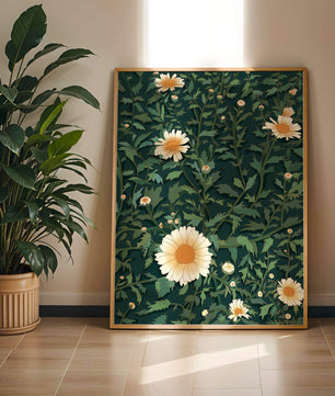 Floral pattern with daisies on a dark green background
