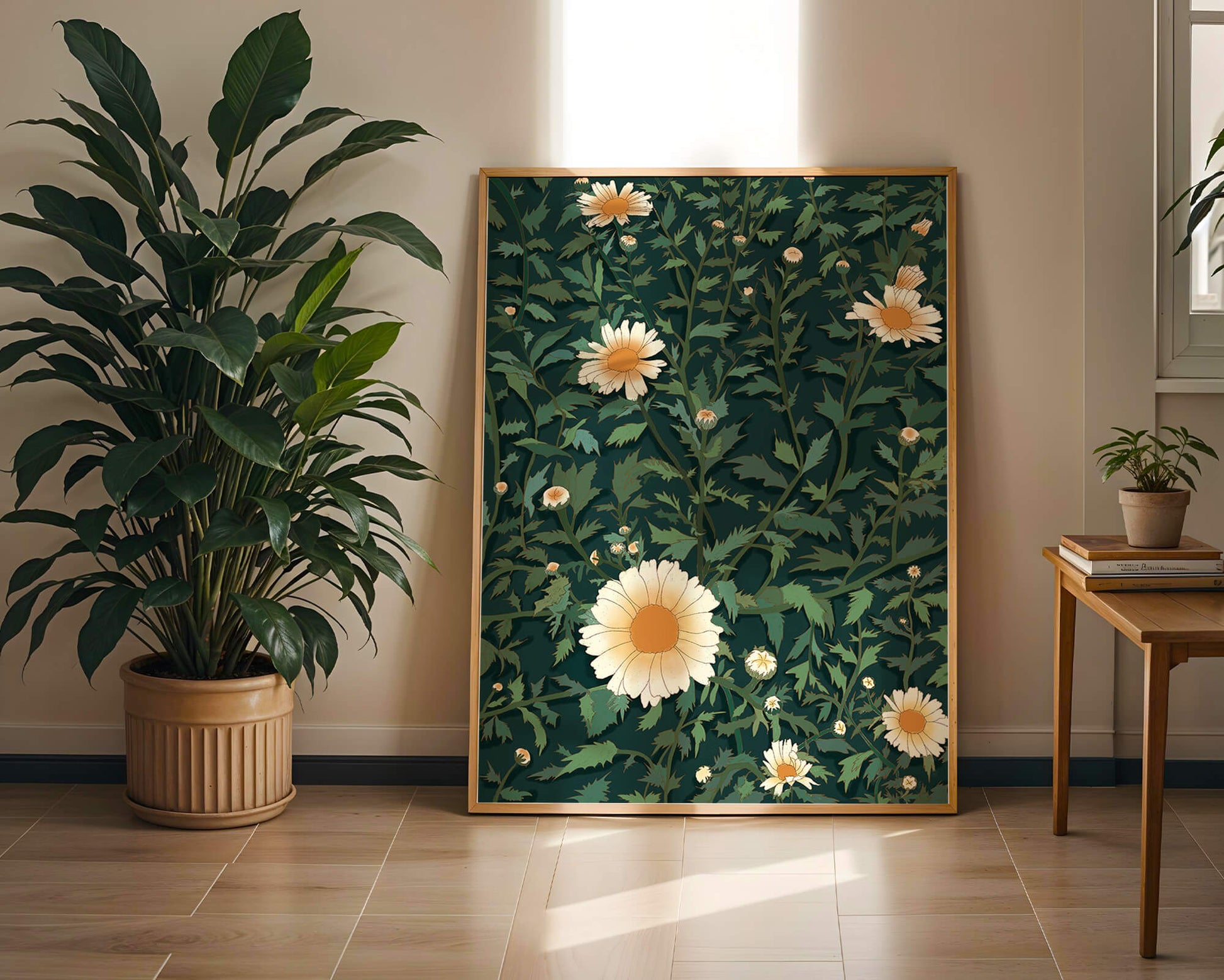 Floral pattern with daisies on a dark green background
