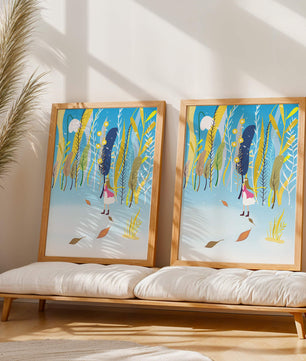 Whimsical scene with girl in colorful abstract forest