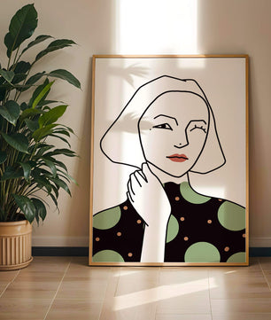 Modern Minimalist Portrait of a Winking Woman in Green Polka Dot Dress - Mi tienda