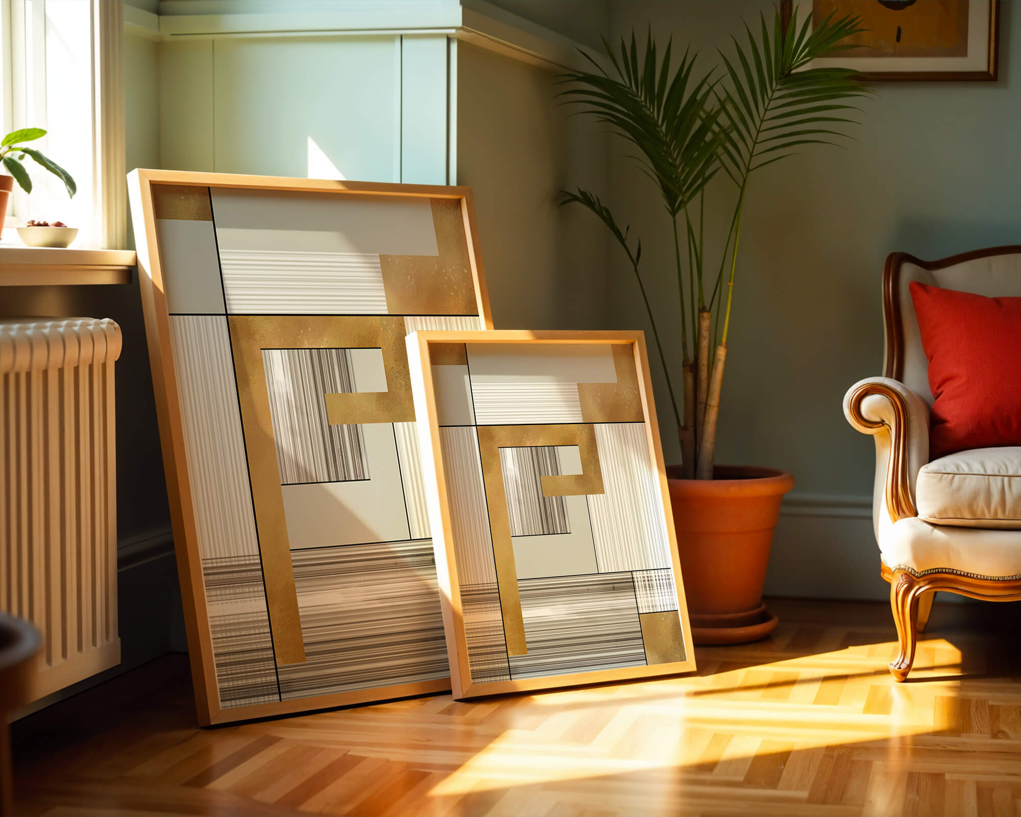 Abstract geometric pattern with gold and neutral tones