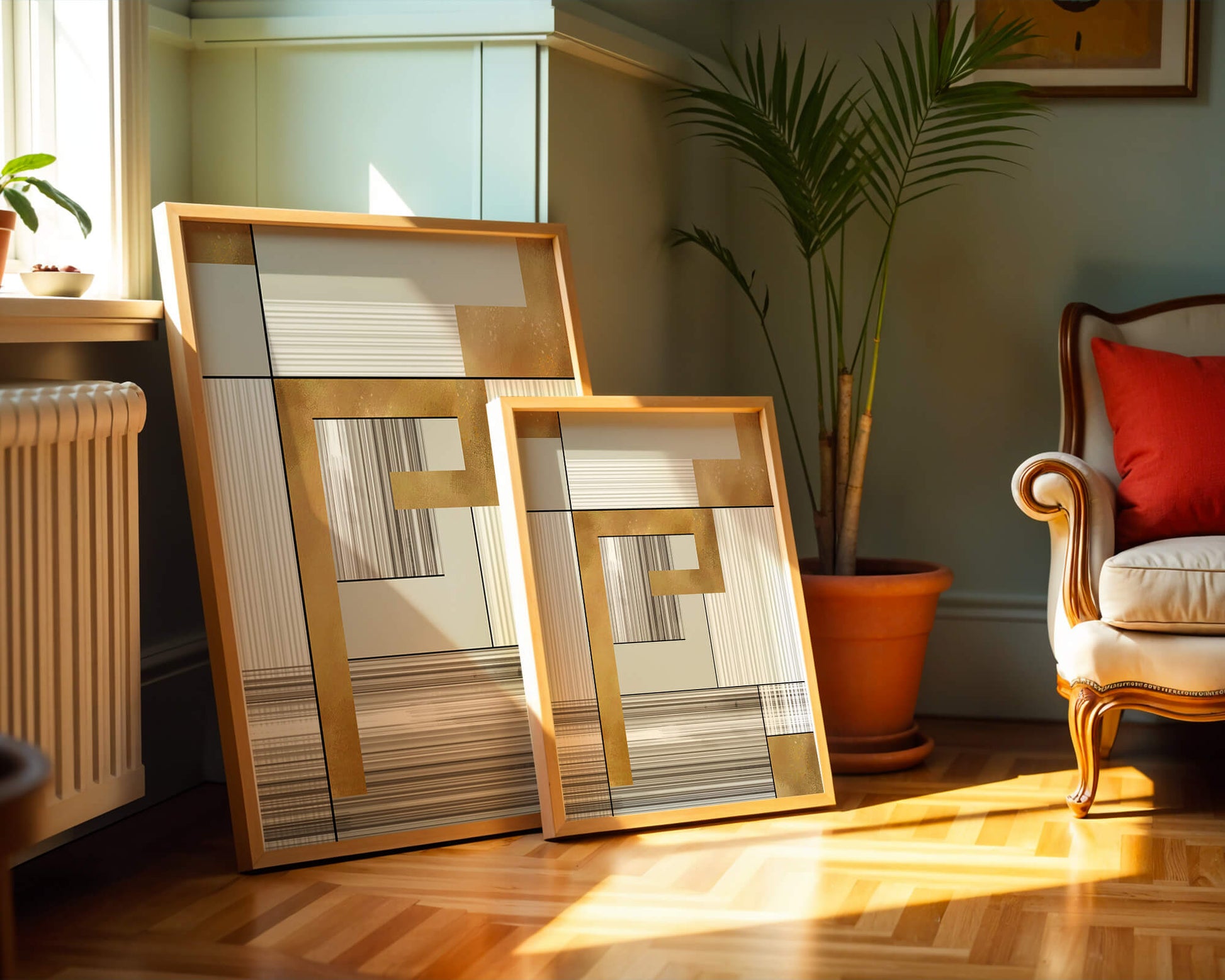 Abstract geometric pattern with gold and neutral tones