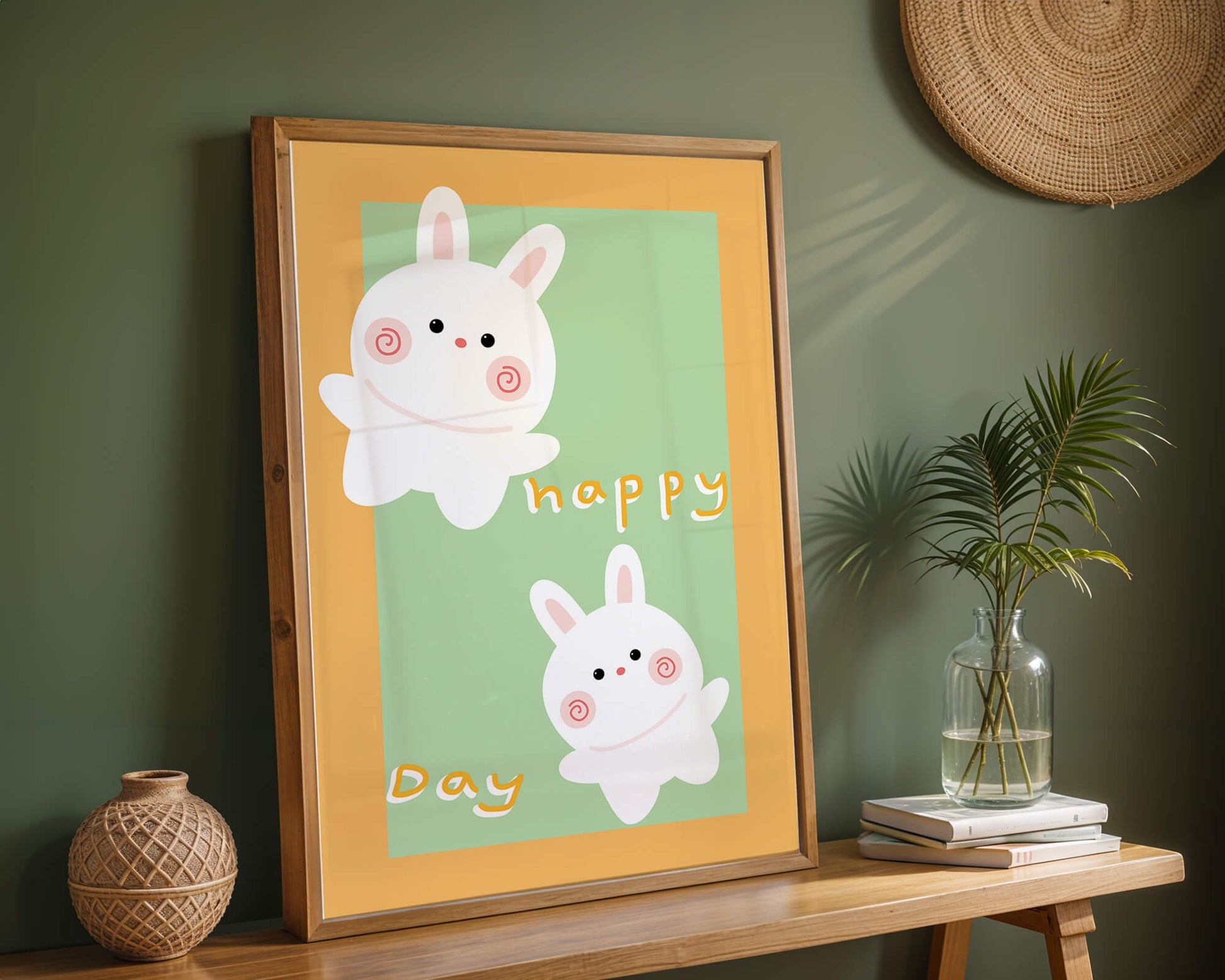 Conejos de dibujos animados juguetones con mensaje de día feliz sobre fondo colorido