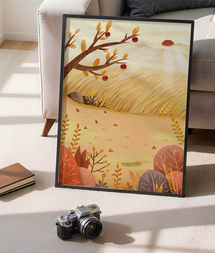 Autumn landscape illustration with apple tree and sunrise in a serene field