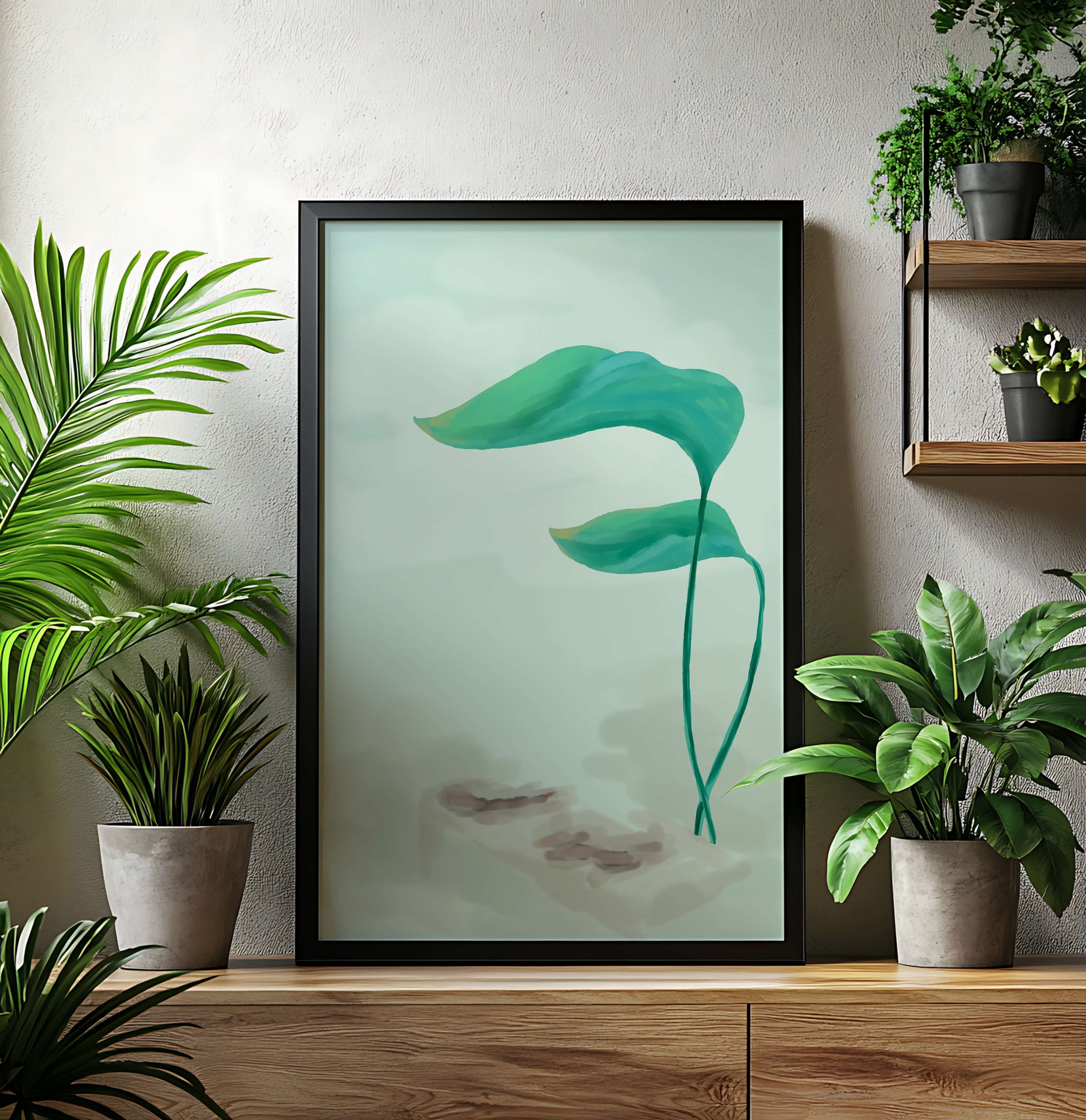 Minimalistic Art of Green Leaves on Abstract Background