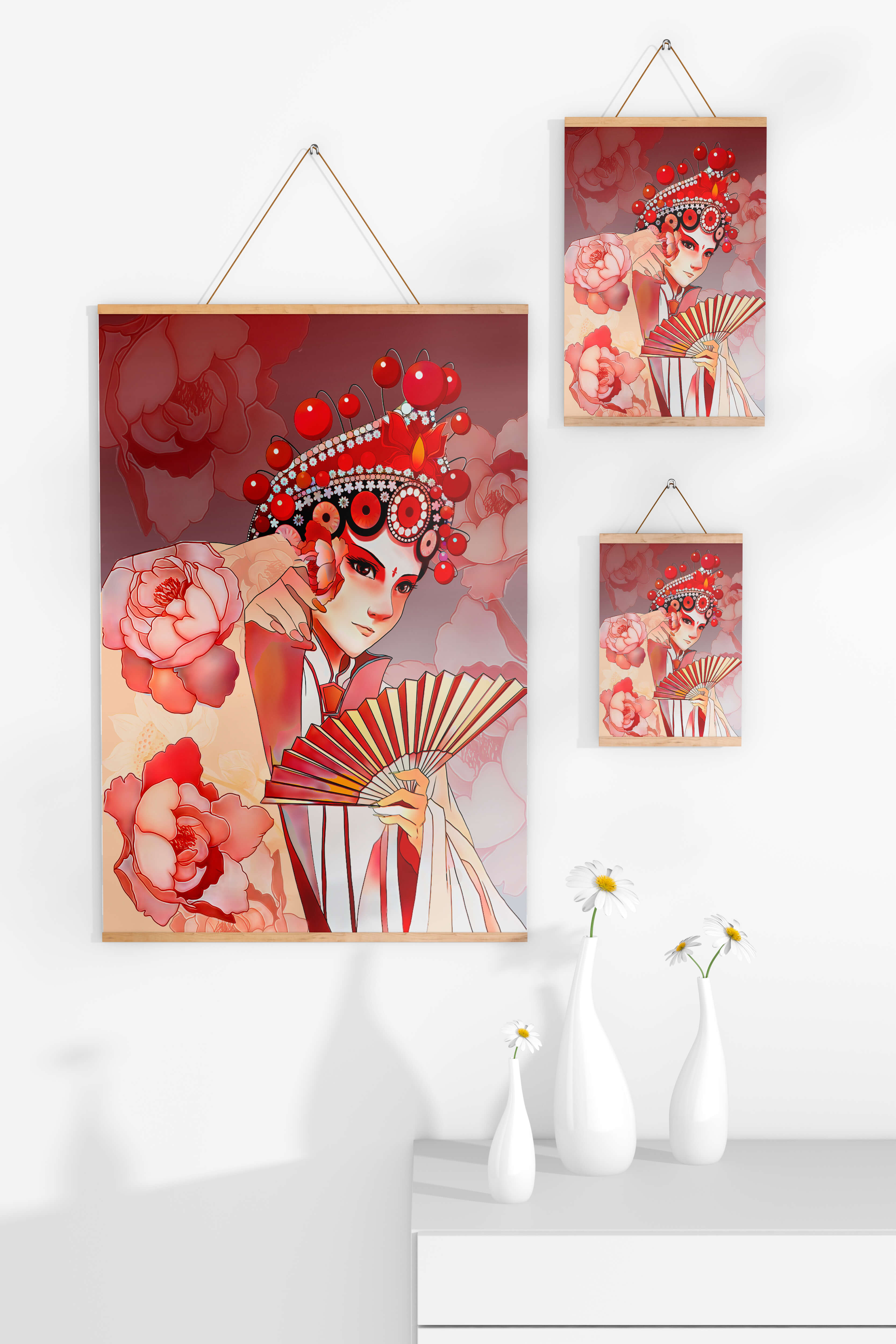Traditional Asian artwork with floral motifs and ornate headpiece