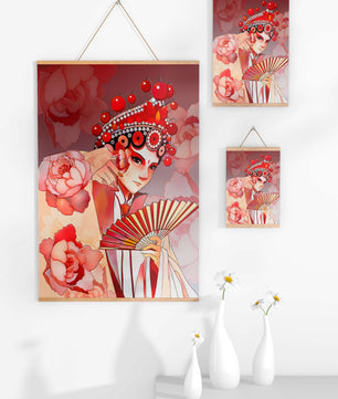 Traditional Asian artwork with floral motifs and ornate headpiece