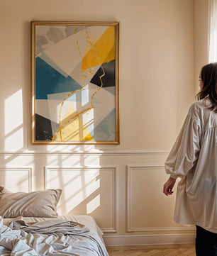 Abstract Geometric Art with Gold Accents in Blue, Yellow, and Gray - Mi tienda