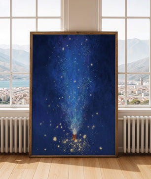 Feu d'artifice bleu dans la nuit avec étincelles dorées
