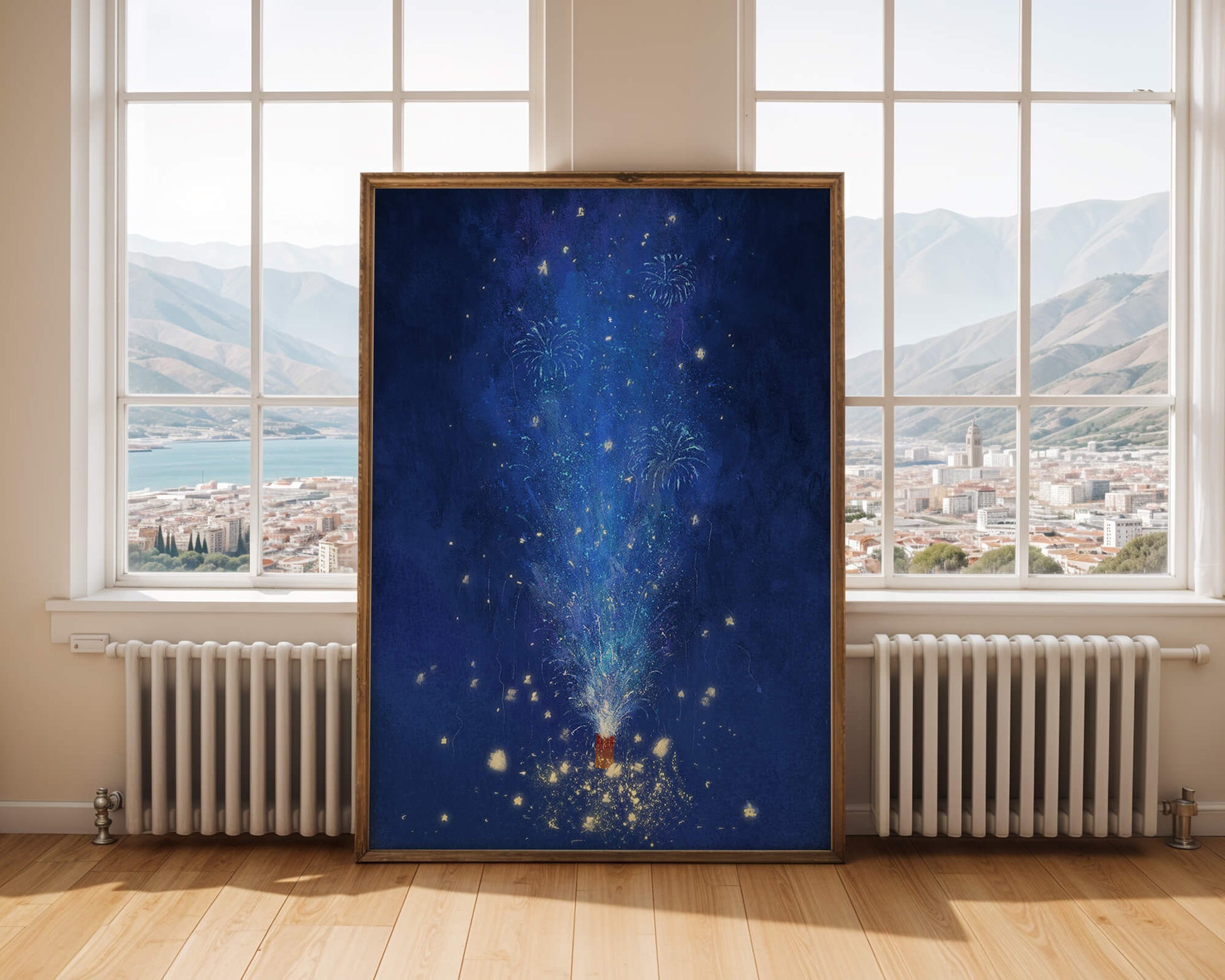 Feu d'artifice bleu dans la nuit avec étincelles dorées