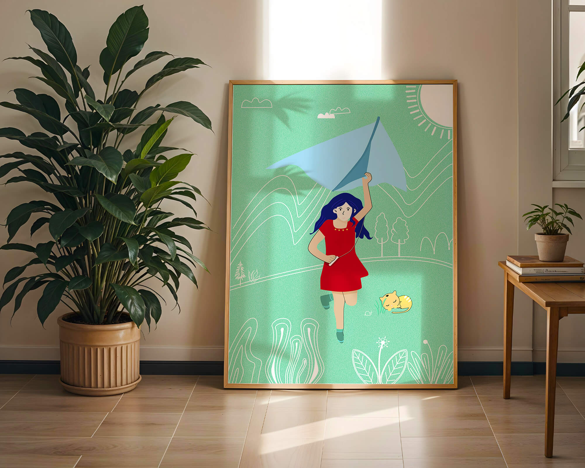 Illustration of a girl with a kite in a whimsical landscape