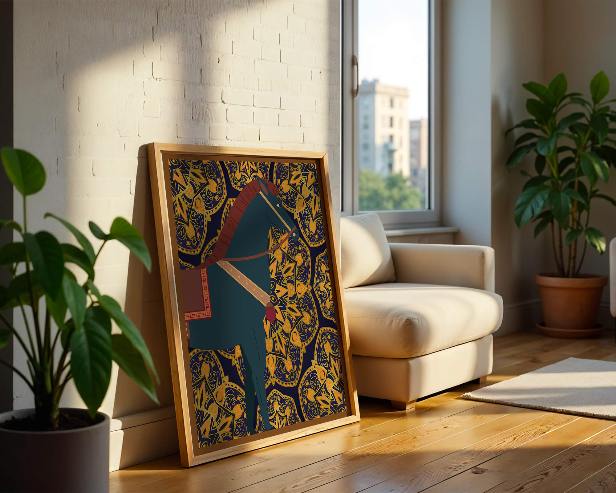 Stylized horse illustration on intricate golden pattern background