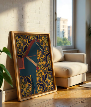 Stilisierte Pferdeillustration auf kompliziertem goldenem Musterhintergrund