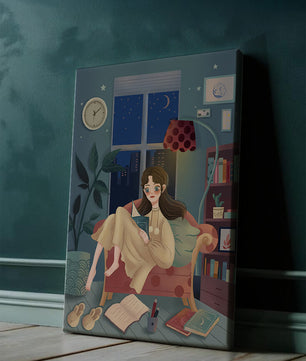 Cozy Nighttime Reading in a Living Room with Moonlit Window