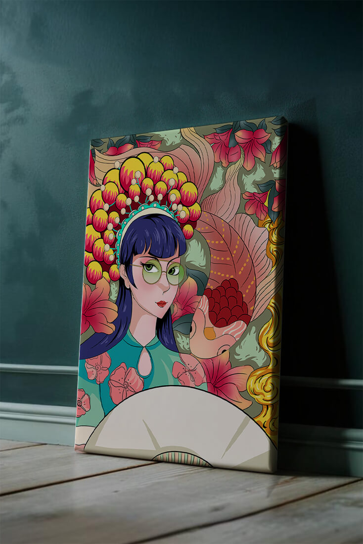 Colorful illustration of a woman with floral headdress and fish background