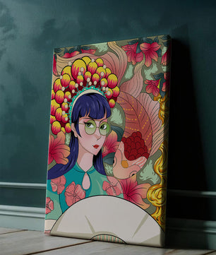 Illustration colorée d’une femme avec une coiffe florale et un fond de poissons