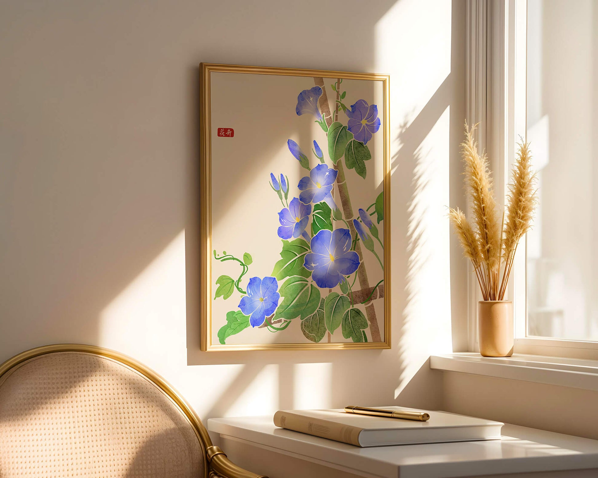 Obra floral delicada con glorias matutinas azules vibrantes