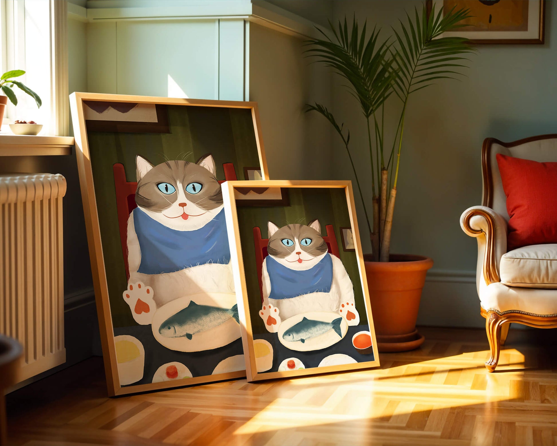 Ilustración de un gato comiendo con pescado y babero azul