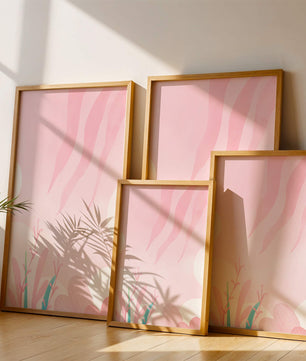 Diseño floral abstracto en rosa suave con hojas estilizadas y ondas