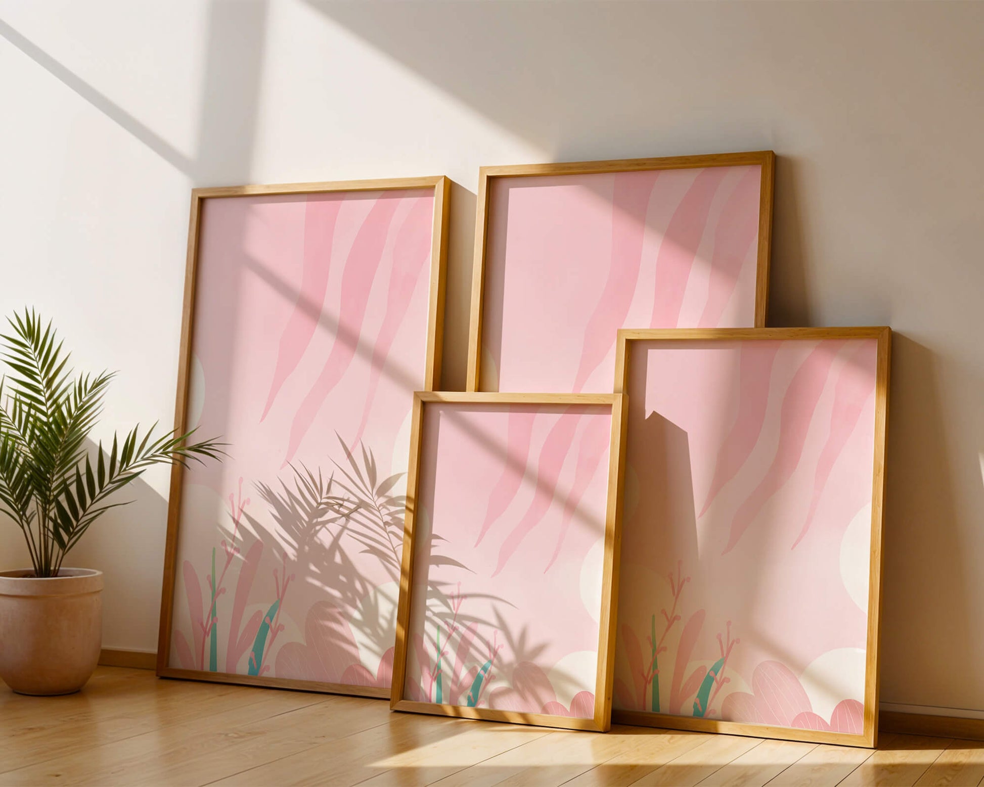 Soft Pink Abstract Floral Design with Stylized Leaves and Waves