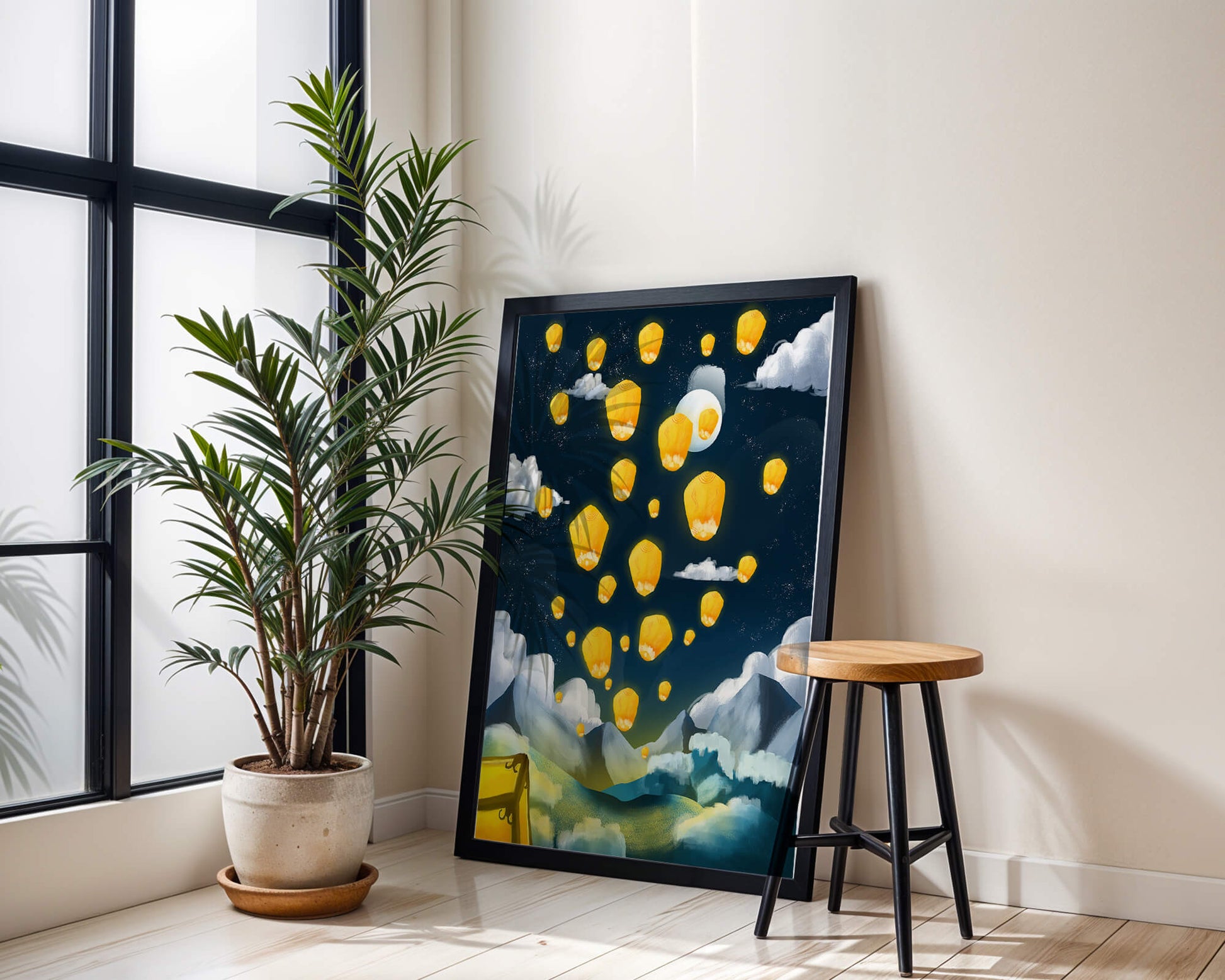 Lanterns floating in a starry night sky over mountains