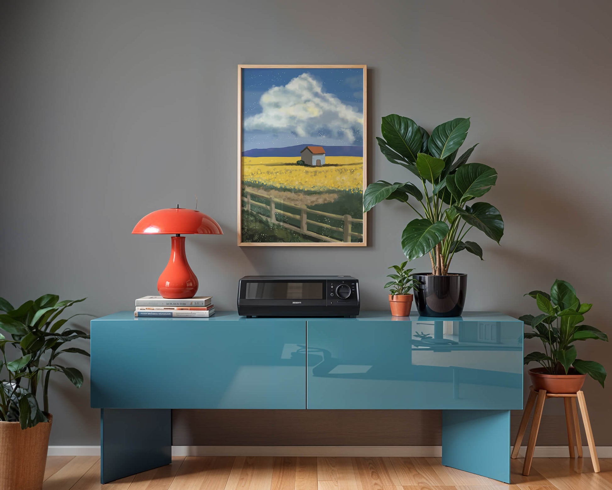 Idyllic rural scene with house and yellow field under blue sky
