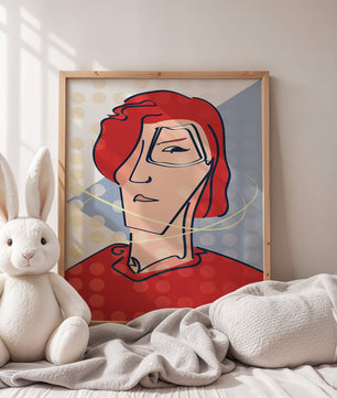 Abstract portrait with red hair and dotted background