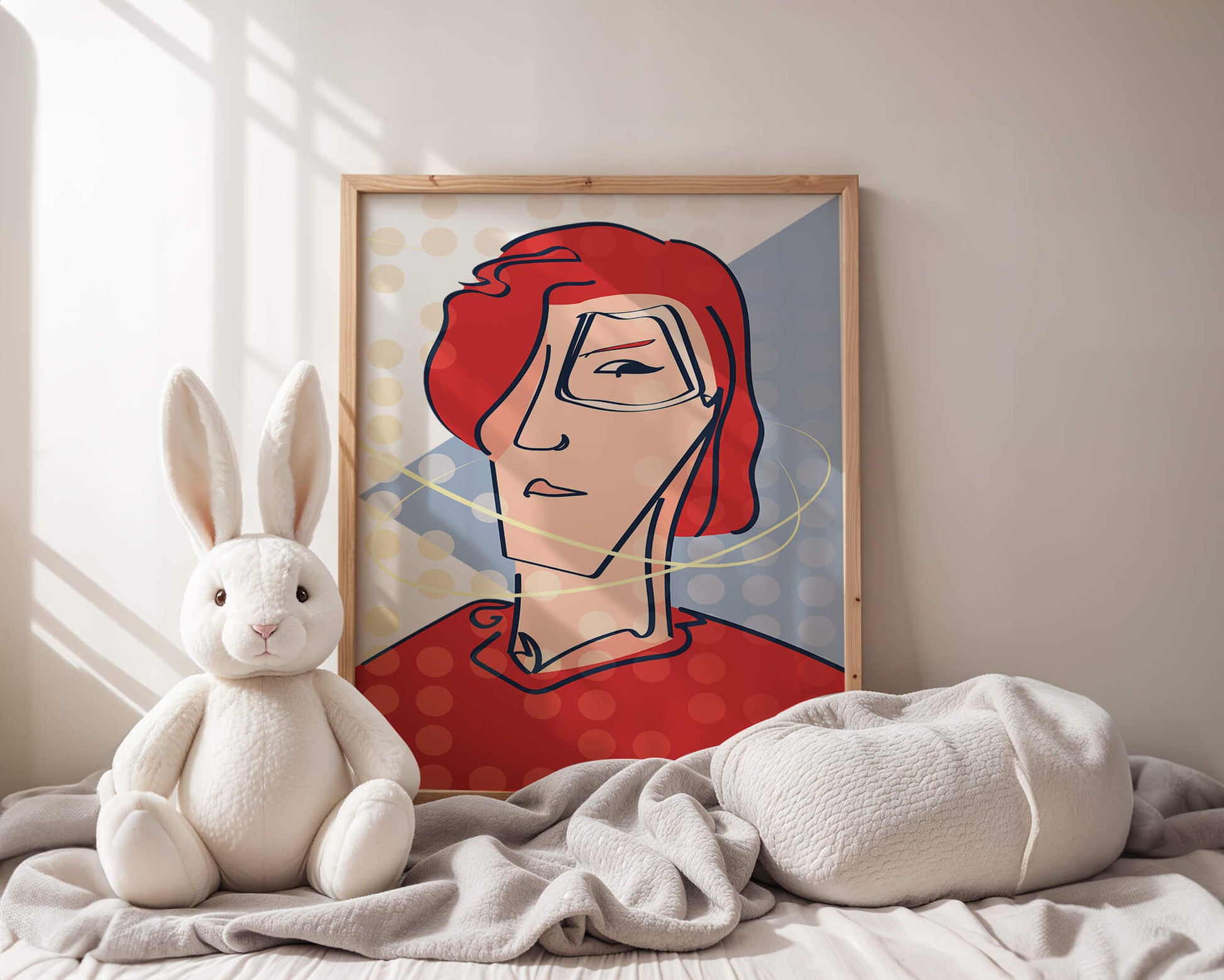 Retrato abstracto con cabello rojo y fondo punteado