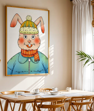 Whimsical cartoon bunny in winter attire with a striped scarf and beanie hat