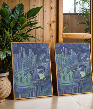 Futuristisches Stadtbild mit Virtual Reality und Technologieelementen