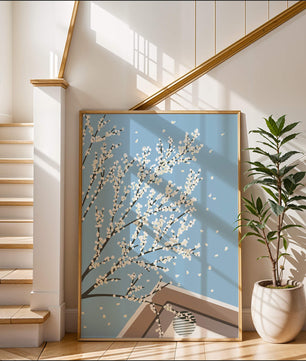 Blooming Branches Against a Clear Sky with Geometric Shapes