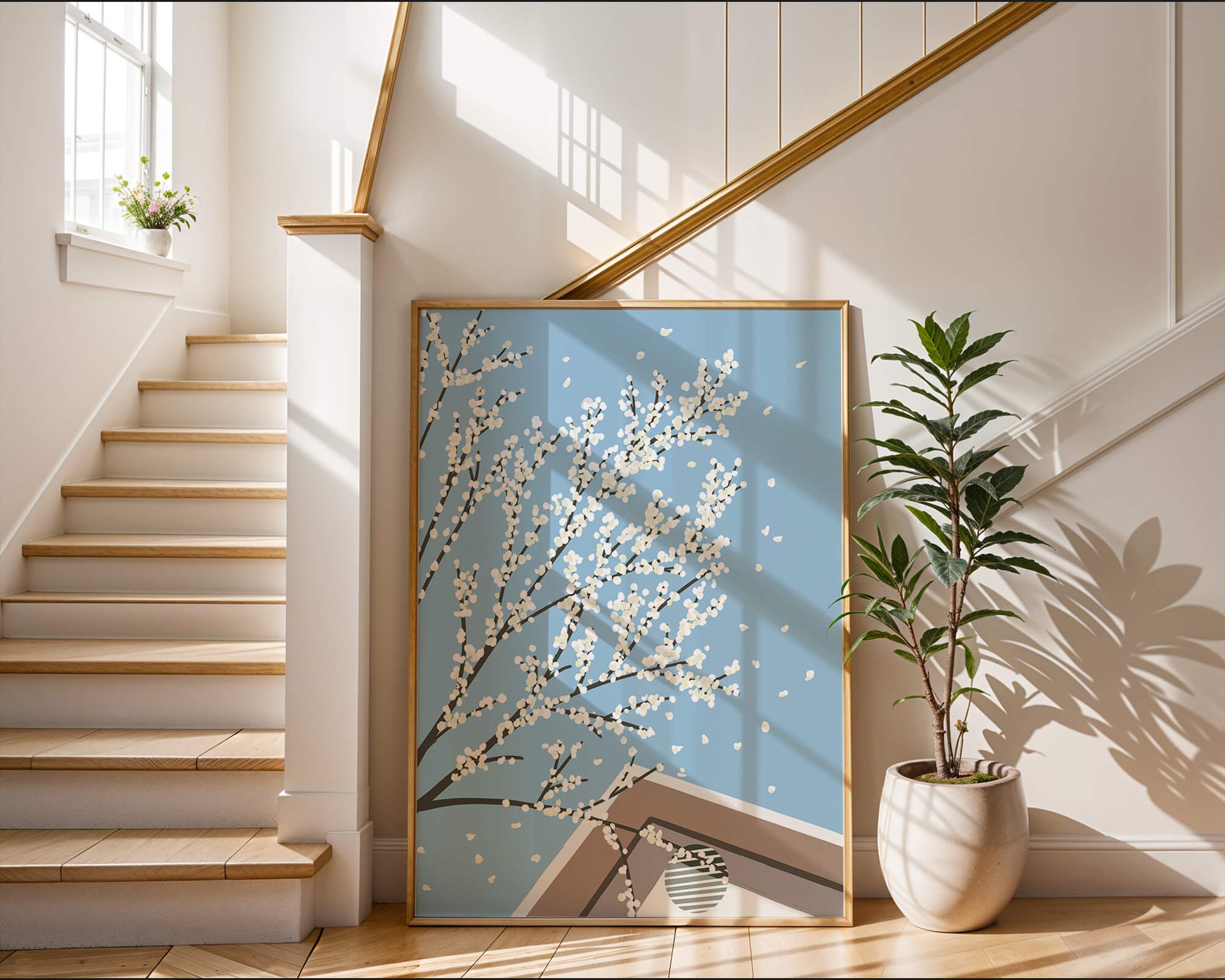 Blooming Branches Against a Clear Sky with Geometric Shapes