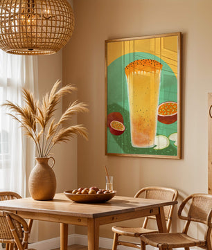 Illustrated tropical passion fruit drink with fresh slices