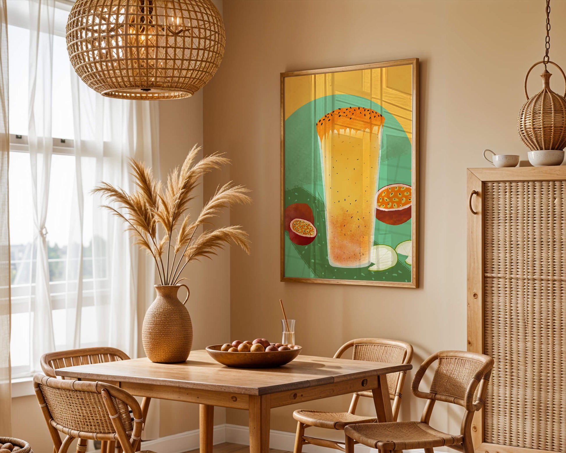 Illustrated tropical passion fruit drink with fresh slices