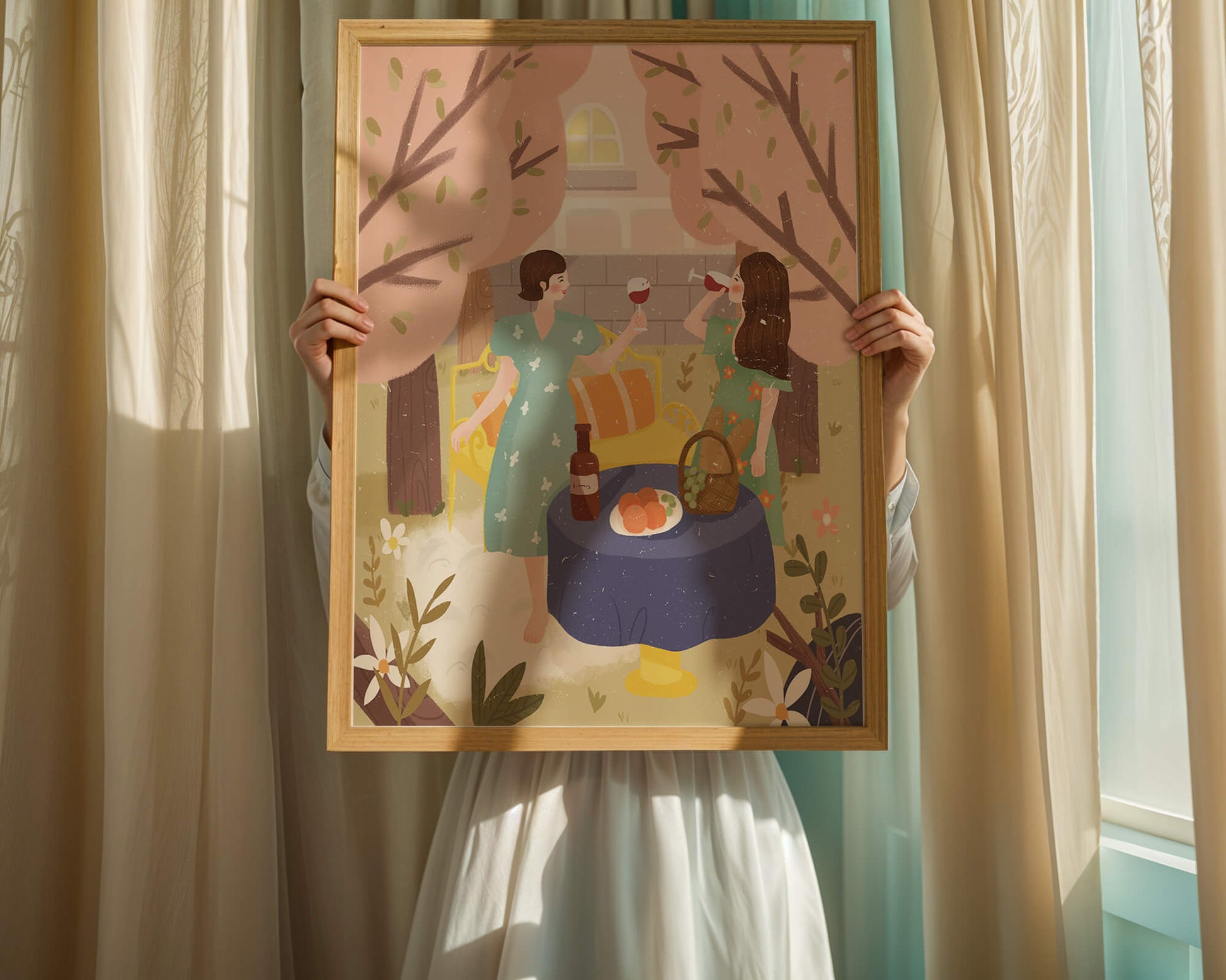 Reunión primaveral en el jardín con vino y frutas