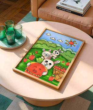 Illustration de lapins espiègles avec des carottes dans un champ ensoleillé