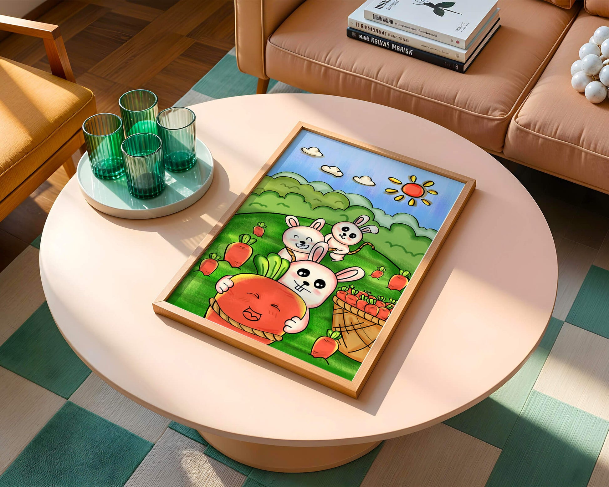Illustration de lapins espiègles avec des carottes dans un champ ensoleillé