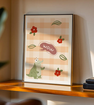 Playful Crocodile With Flowers And Speech Bubble On Checkered Background