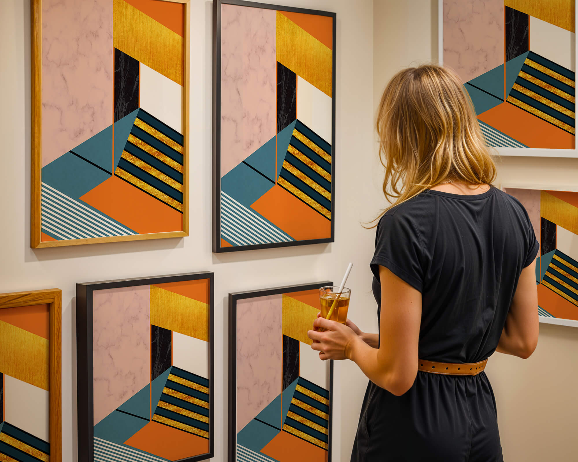 Abstract geometric design with marble and gold textures