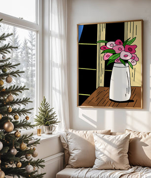 Abstract illustration of flowers in a vase on a wooden table