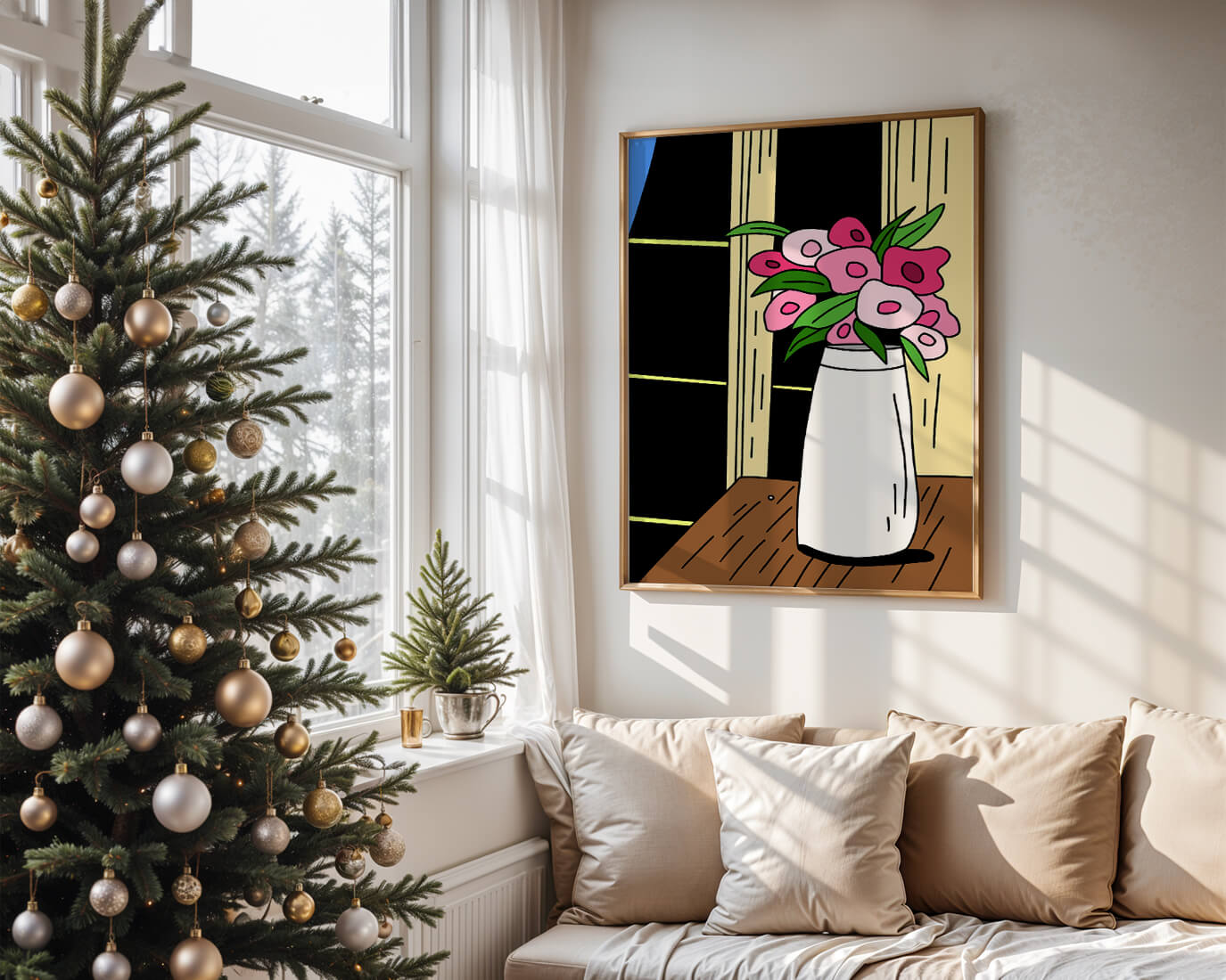 Abstract illustration of flowers in a vase on a wooden table