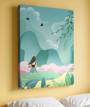 Peaceful landscape with a girl and nature elements