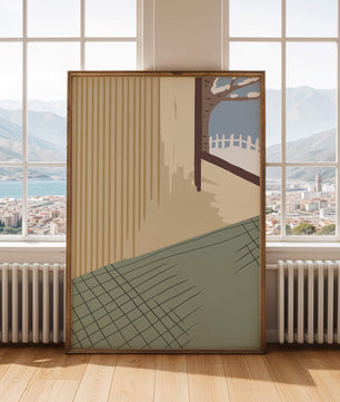 Escena interior con vista invernal a través de una ventana