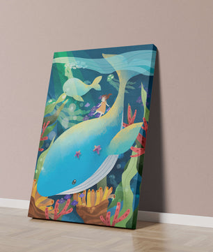 Fantasievolle Unterwasserszene mit einem Mädchen auf einem Wal und farbenfrohem Meeresleben