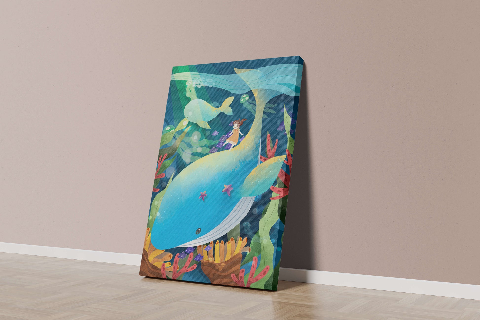 Fantasievolle Unterwasserszene mit einem Mädchen auf einem Wal und farbenfrohem Meeresleben