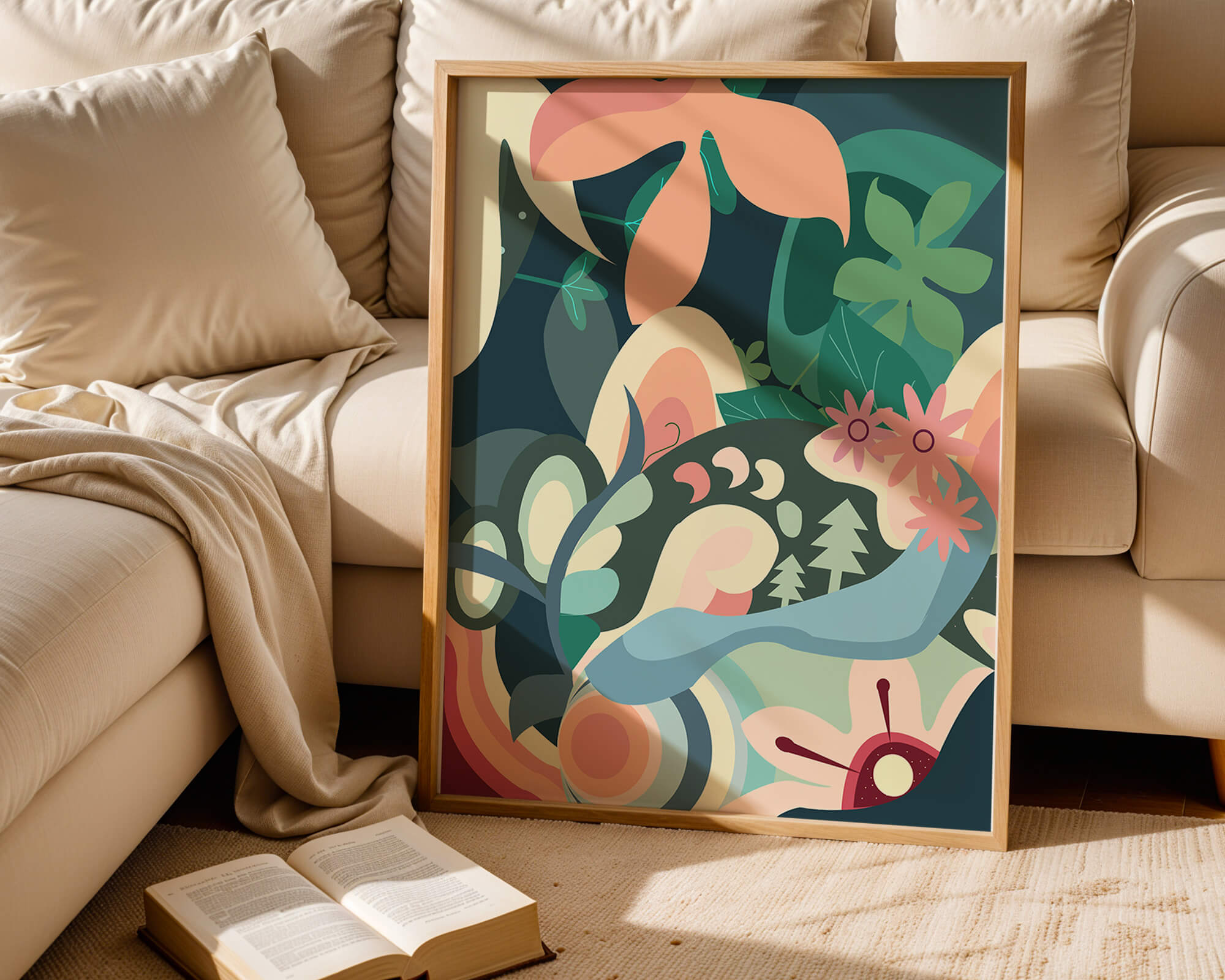 Abstract floral illustration with pastel colors and nature elements