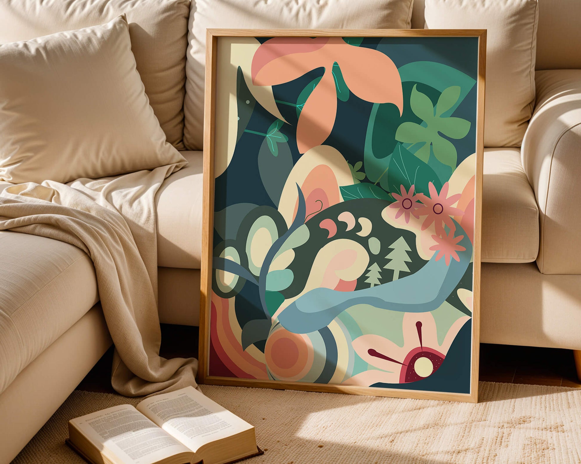 Abstract floral illustration with pastel colors and nature elements