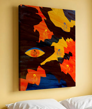 Abstract colorful artwork with eye and silhouettes