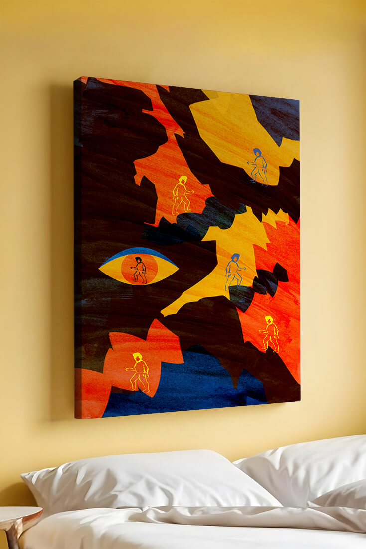 Abstract colorful artwork with eye and silhouettes